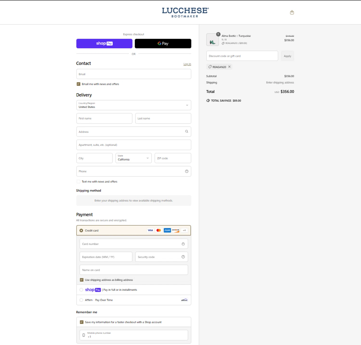 Lucchese discount code screenshot showing code REAGAN20 applied at Lucchese checkout page. Uploaded by SimplyCodes community member Tortugasninja on Mar 25, 2025