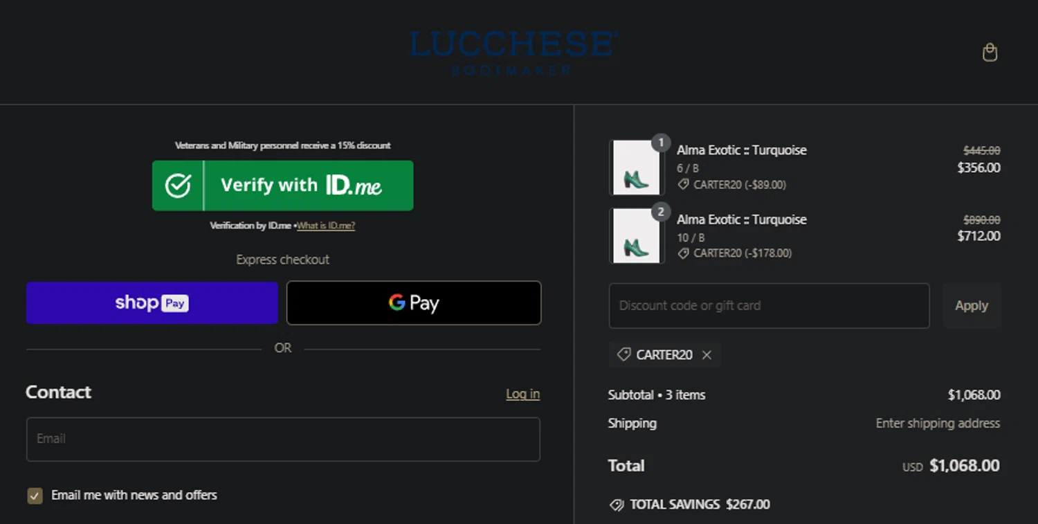 Lucchese discount code screenshot showing code CARTER20 applied at Lucchese checkout page. Uploaded by SimplyCodes community member idkxxx on Jan 2, 2025
