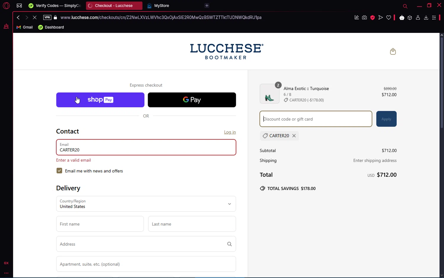 Lucchese discount code screenshot showing code CARTER20 applied at Lucchese checkout page. Uploaded by SimplyCodes community member editor_1 on Mar 25, 2025