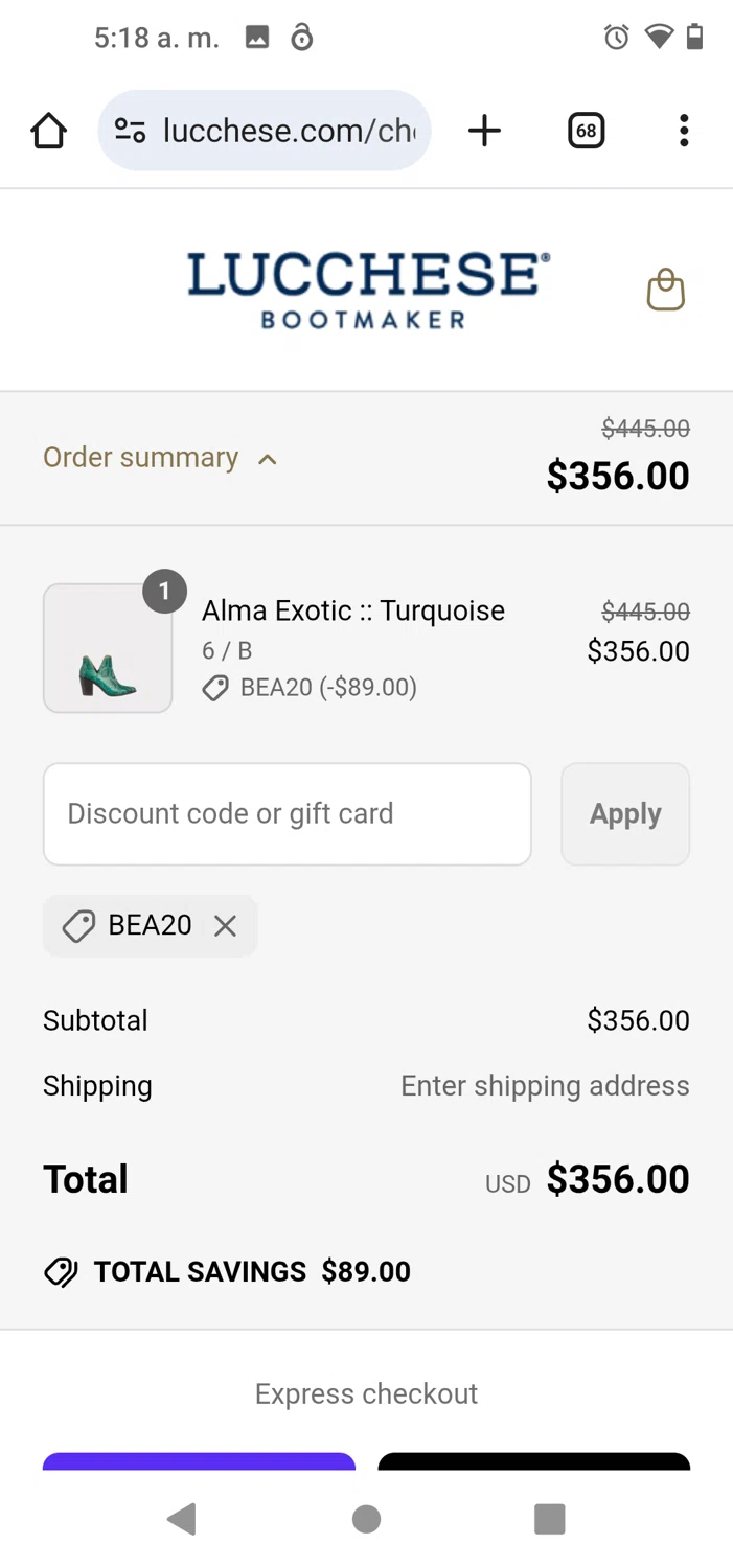 Lucchese checkout page showing Lucchese discount code box | Screenshot taken by SimplyCodes community member on May 30, 2025