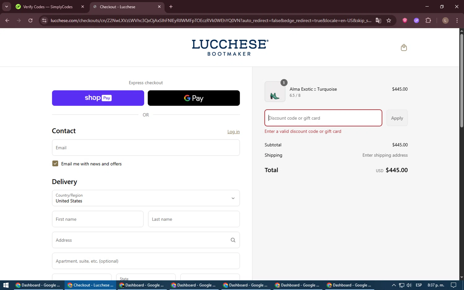 Lucchese discount code screenshot showing code SAV20 applied at Lucchese checkout page. Uploaded by SimplyCodes community member BrilliantTiger9986 on Jun 11, 2025