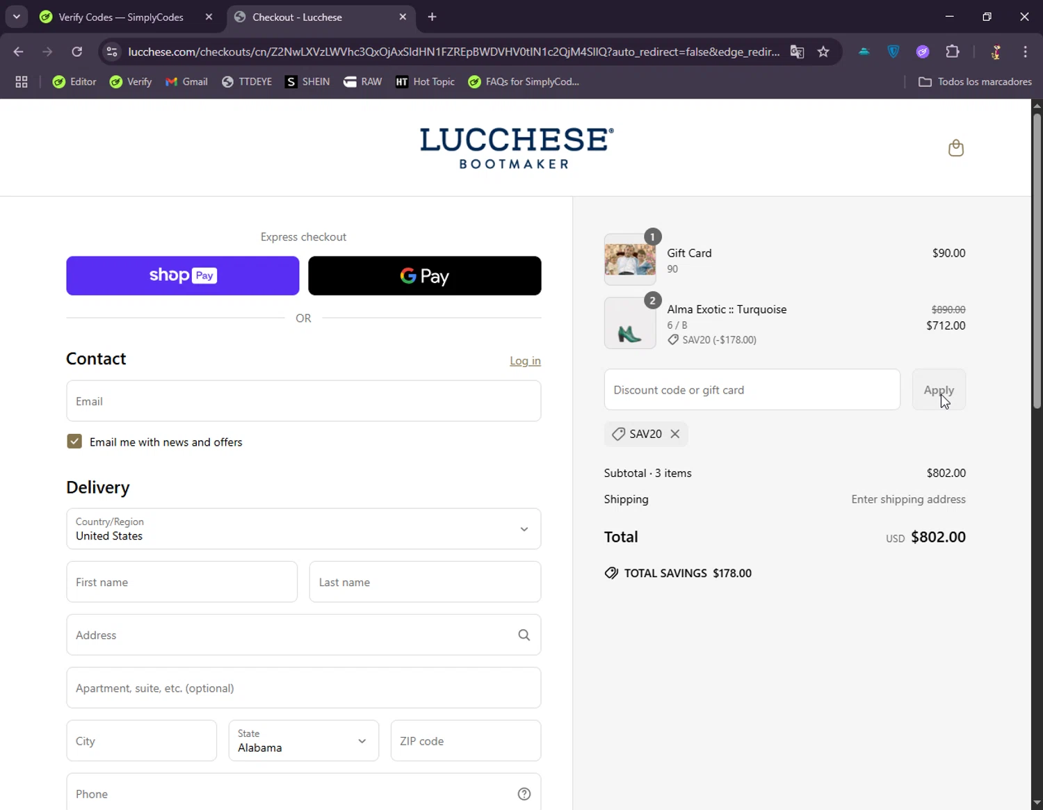Lucchese checkout page showing Lucchese discount code box | Screenshot taken by SimplyCodes community member on May 30, 2025
