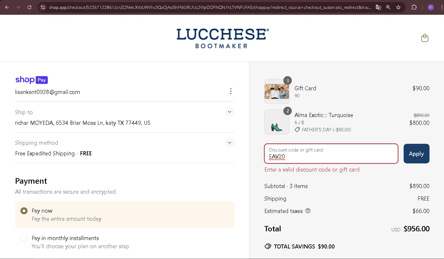Lucchese discount code screenshot showing code SAV20 applied at Lucchese checkout page. Uploaded by SimplyCodes community member Richard2 on Jun 11, 2025