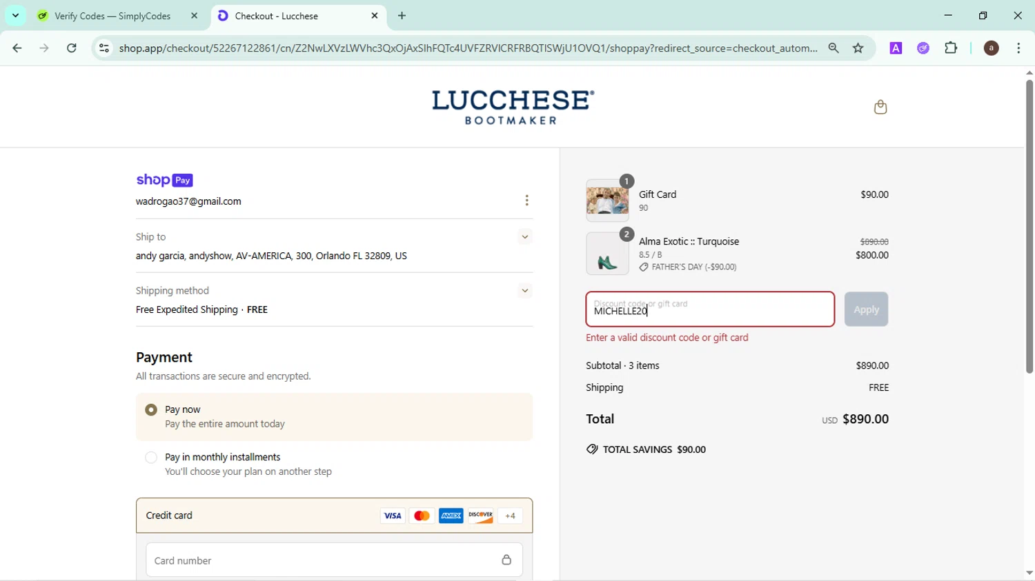 Lucchese discount code screenshot showing code MICHELLE20 applied at Lucchese checkout page. Uploaded by SimplyCodes community member CodeMaverick246 on Jun 11, 2025