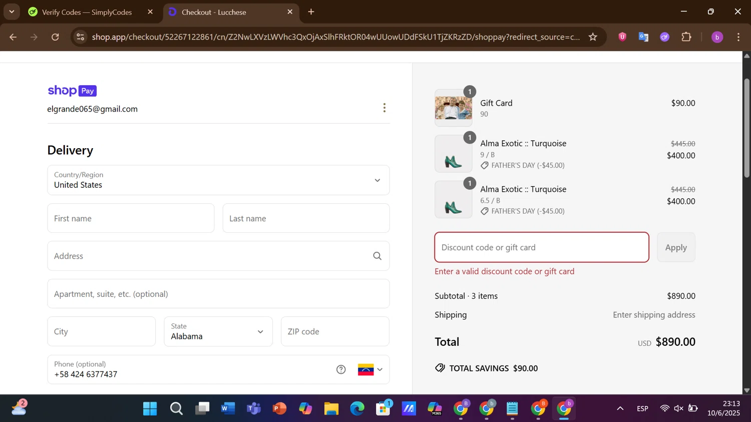 Lucchese discount code screenshot showing code MICHELLE20 applied at Lucchese checkout page. Uploaded by SimplyCodes community member ThriftyHero7862 on Jun 11, 2025