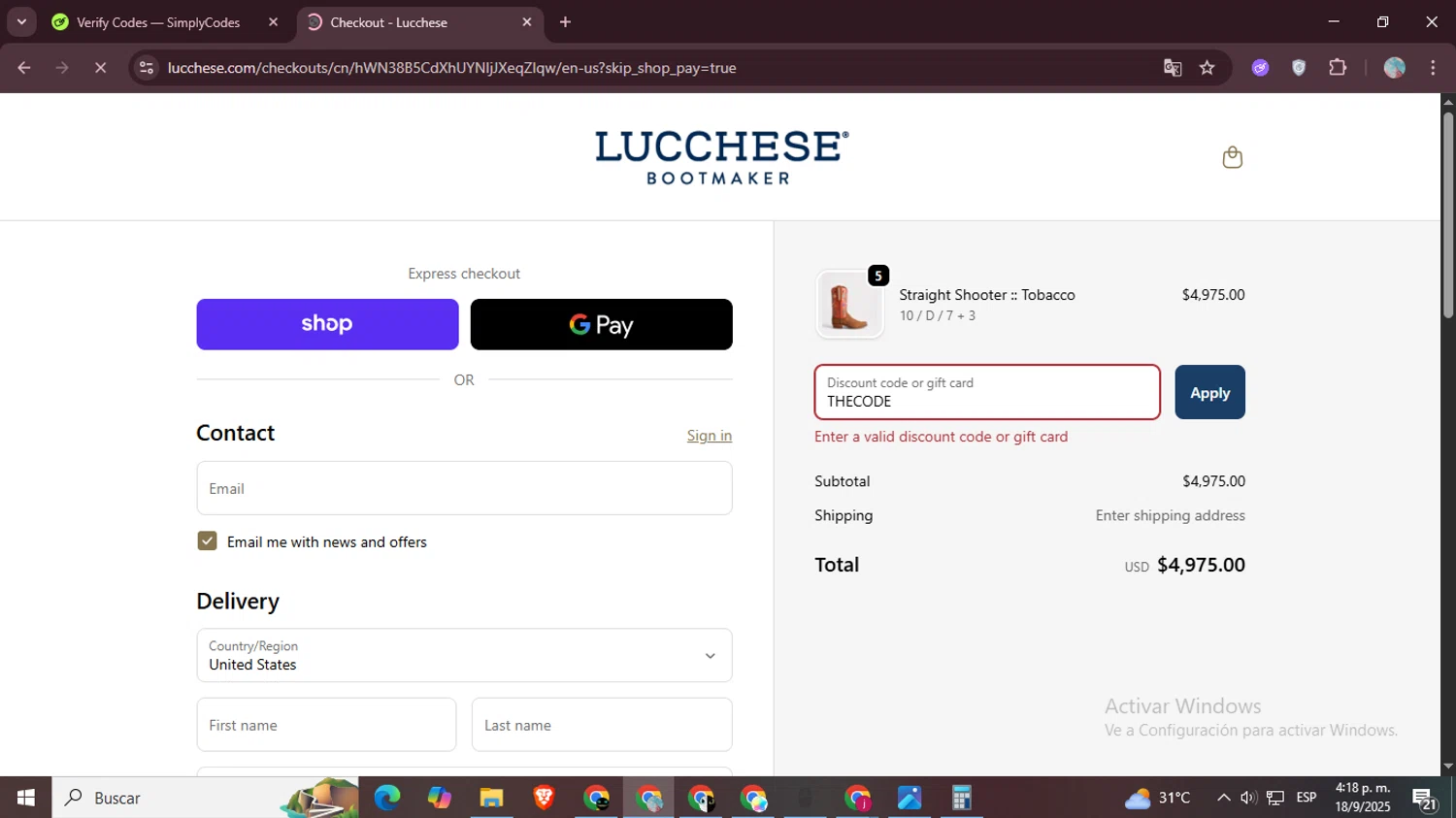 Lucchese discount code screenshot showing code THECODE applied at Lucchese checkout page. Uploaded by SimplyCodes community member LegendaryPro7106 on Sep 18, 2025