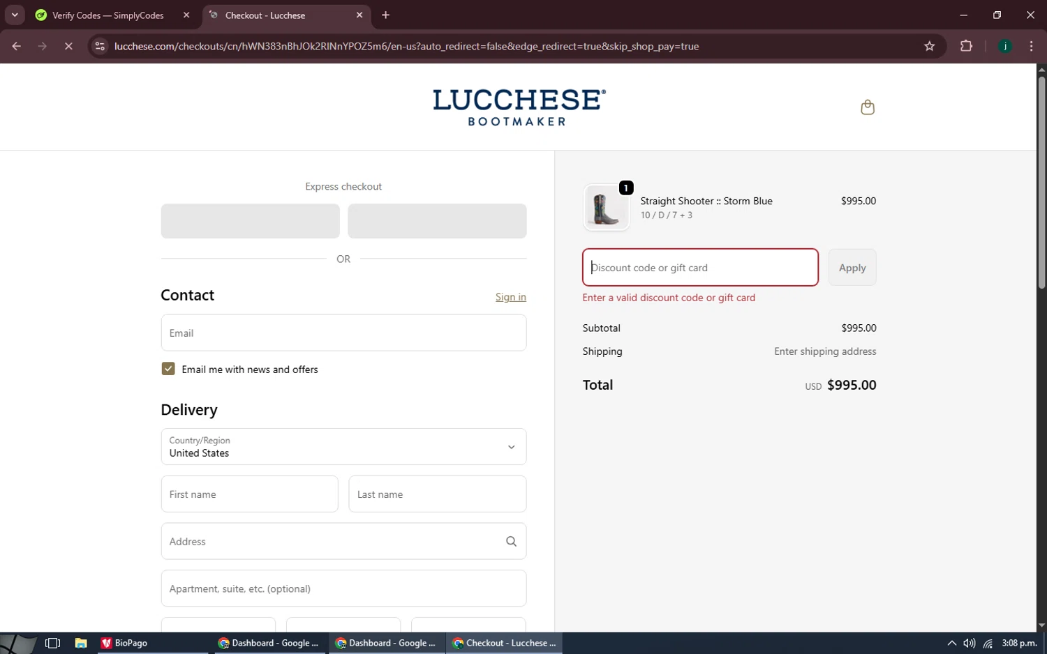Lucchese discount code screenshot showing code THECODE applied at Lucchese checkout page. Uploaded by SimplyCodes community member MoneySpotter5416 on Sep 18, 2025