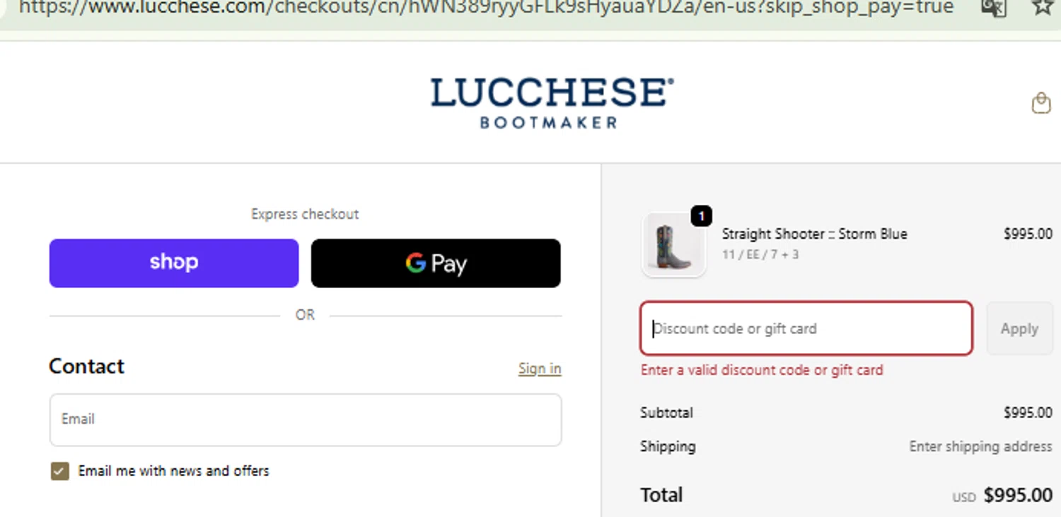 Lucchese discount code screenshot showing code THECODE applied at Lucchese checkout page. Uploaded by SimplyCodes community member RewardFinder4836 on Sep 18, 2025