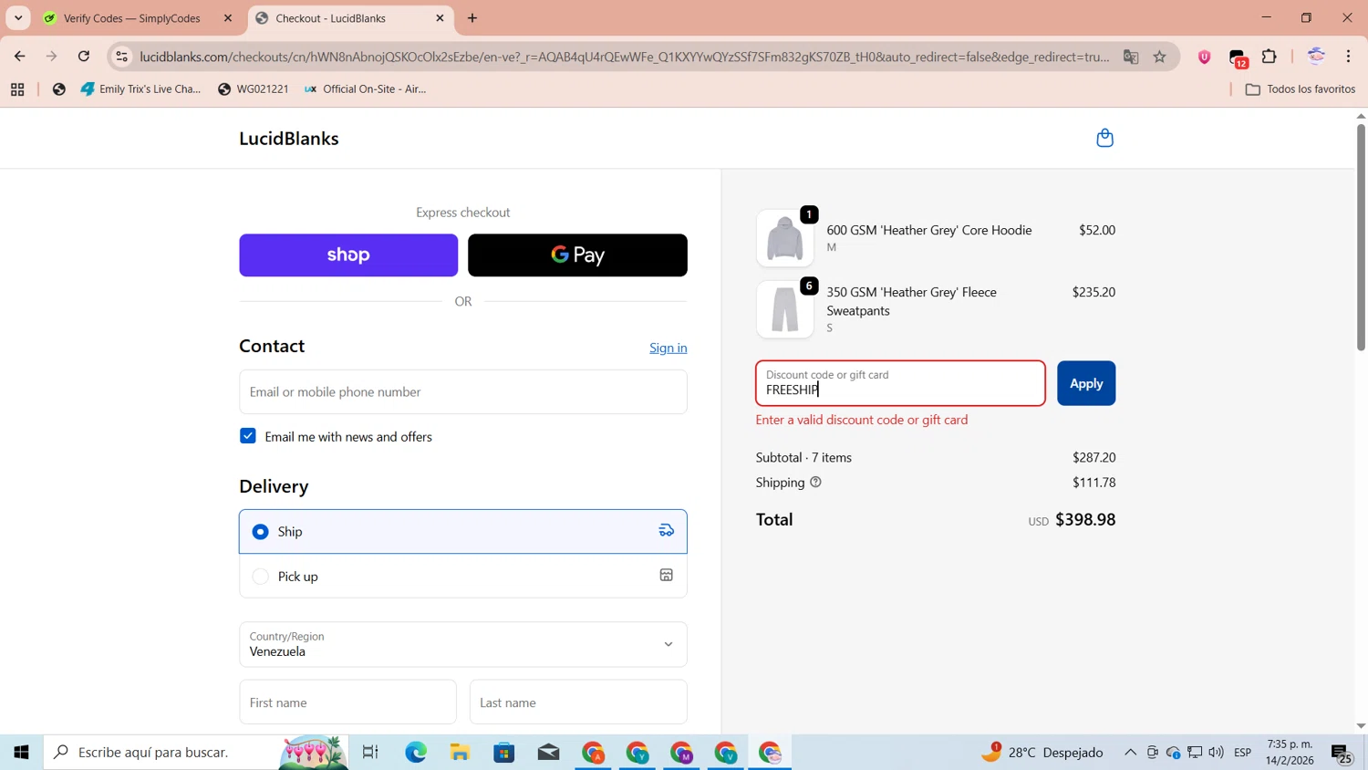 LucidBlanks discount code screenshot showing code FREESHIP applied at LucidBlanks checkout page. Uploaded by SimplyCodes community member CoinLegend1707 on Feb 14, 2026