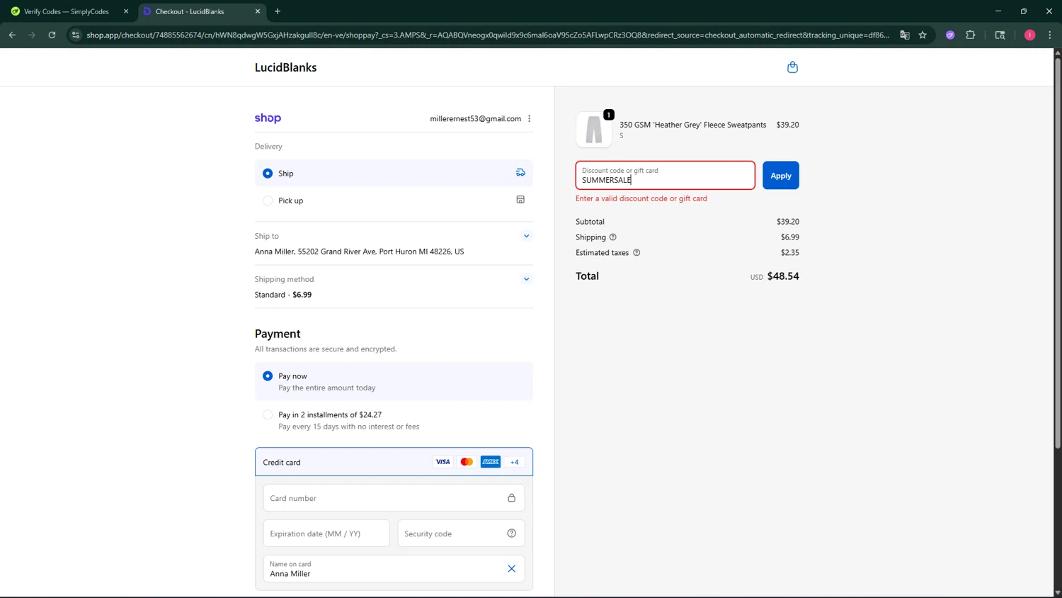 LucidBlanks discount code screenshot showing code SUMMERSALE applied at LucidBlanks checkout page. Uploaded by SimplyCodes community member BargainSeeker9964 on Feb 16, 2026