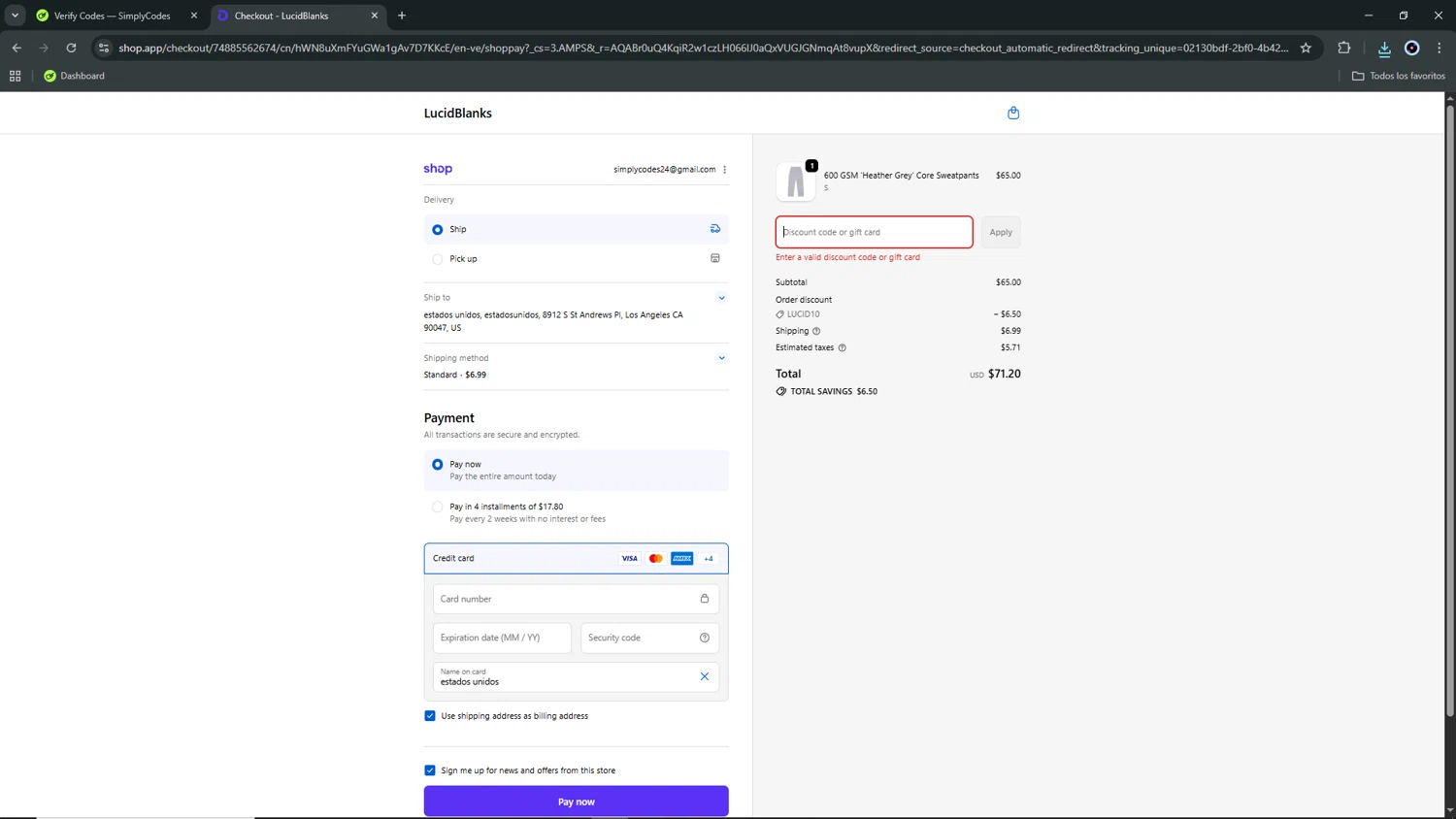 LucidBlanks discount code screenshot showing code WELCOME15 applied at LucidBlanks checkout page. Uploaded by SimplyCodes community member Akatsuki on Feb 18, 2026