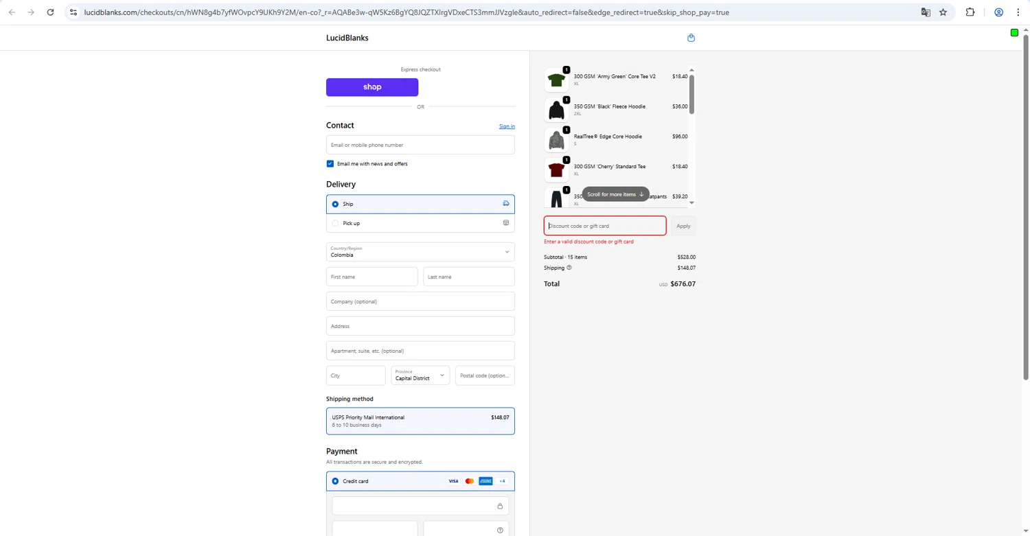 LucidBlanks discount code screenshot showing code WELCOME15 applied at LucidBlanks checkout page. Uploaded by SimplyCodes community member RINITOSHI on Feb 11, 2026