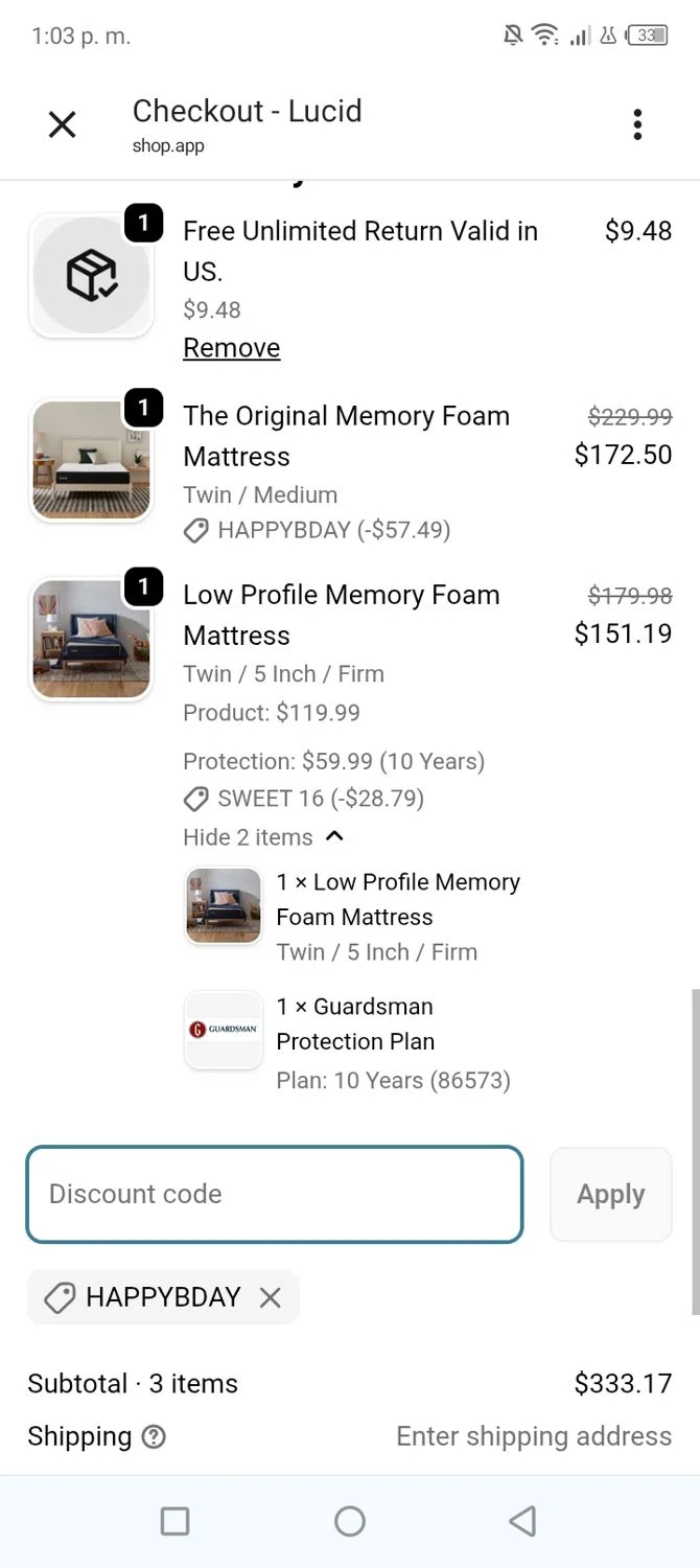 Lucid Mattress promo code screenshot showing code Happybday applied at Lucid Mattress checkout page. Uploaded by SimplyCodes community member BonusVoyager4214 on Jun 10, 2026