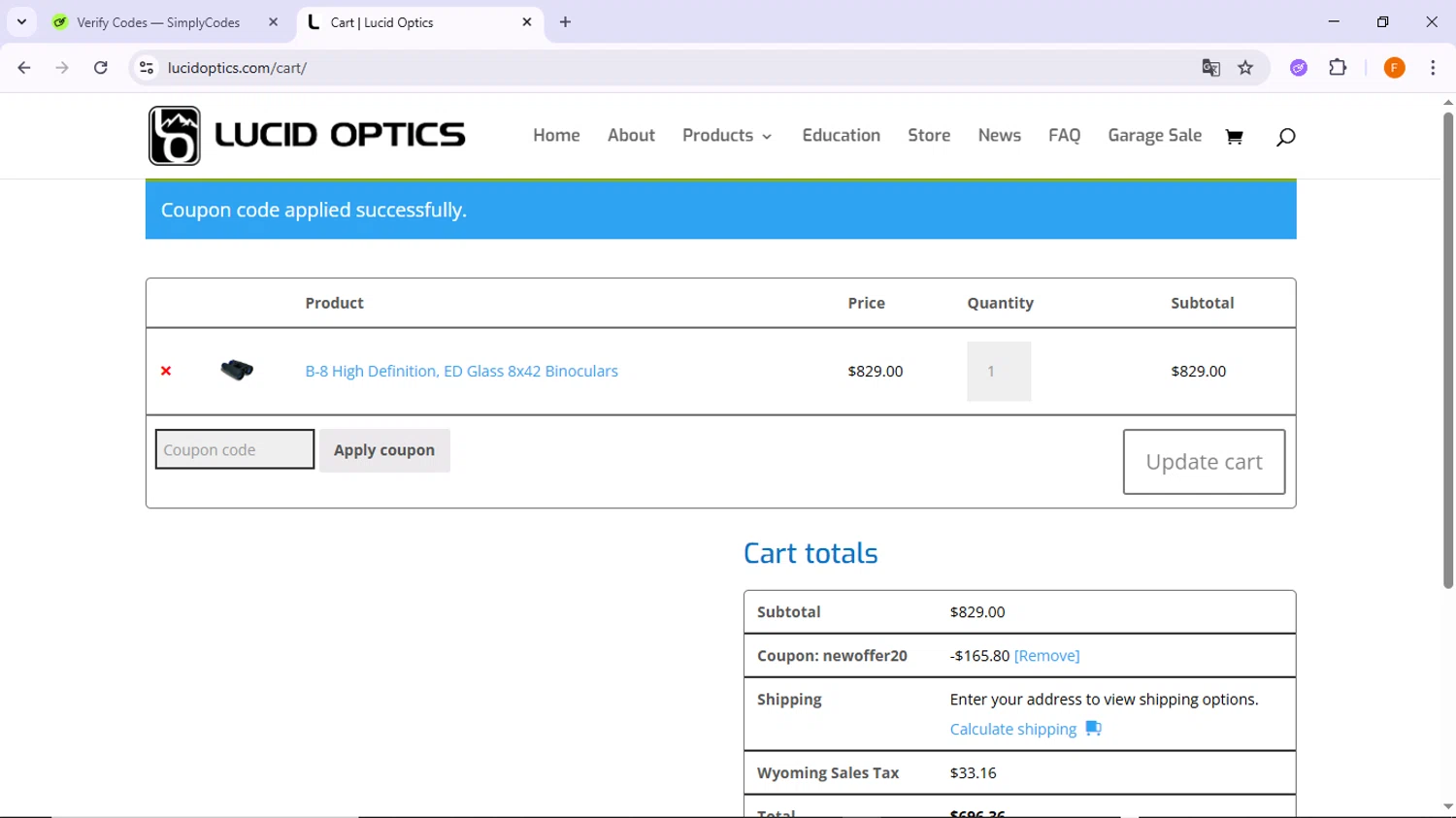 Lucid Optics promo code screenshot showing code NEWOFFER20 applied at Lucid Optics checkout page. Uploaded by SimplyCodes community member TreasureSleuth5198 on Dec 25, 2025