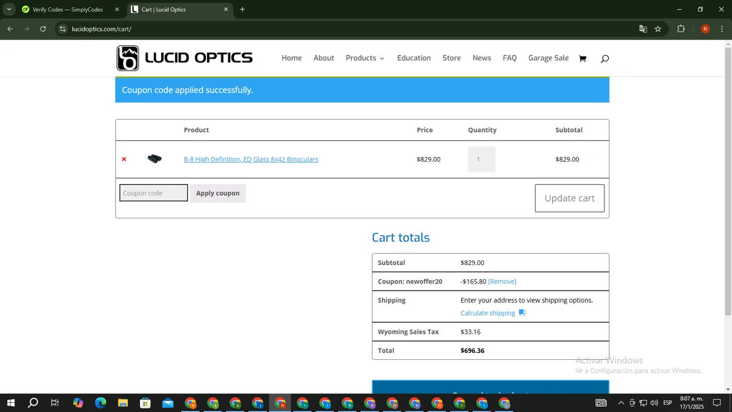 Lucid Optics promo code screenshot showing code NEWOFFER20 applied at Lucid Optics checkout page. Uploaded by SimplyCodes community member MagnificentExpert2705 on Jan 17, 2025