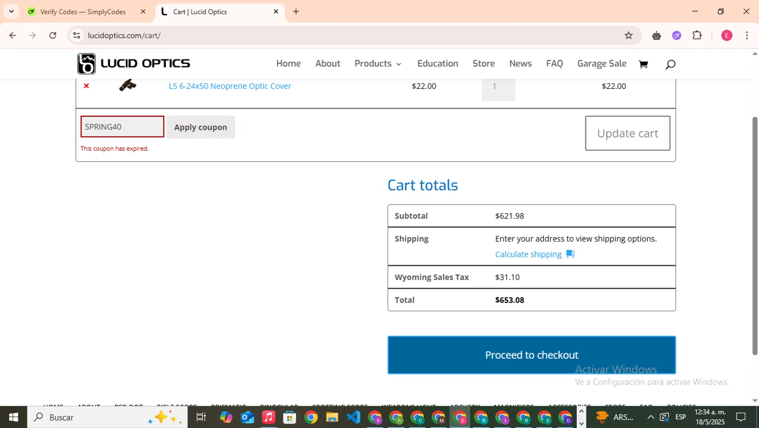 Lucid Optics promo code screenshot showing code SPRING40 applied at Lucid Optics checkout page. Uploaded by SimplyCodes community member CouponHero7312 on May 18, 2025