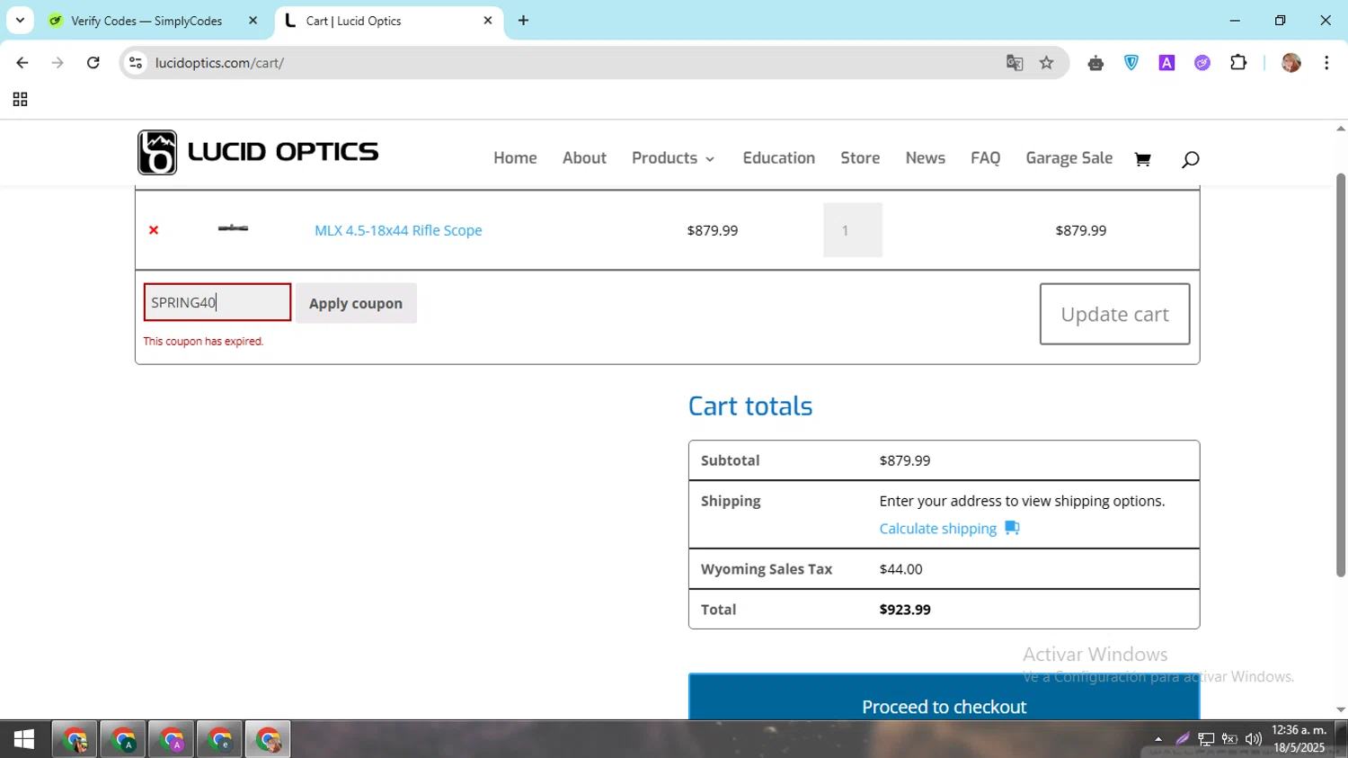 Lucid Optics promo code screenshot showing code SPRING40 applied at Lucid Optics checkout page. Uploaded by SimplyCodes community member hectorpetit1 on May 18, 2025