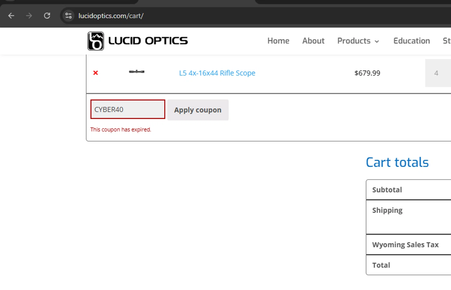 Lucid Optics promo code screenshot showing code CYBER40 applied at Lucid Optics checkout page. Uploaded by SimplyCodes community member Limon02 on Jan 17, 2025