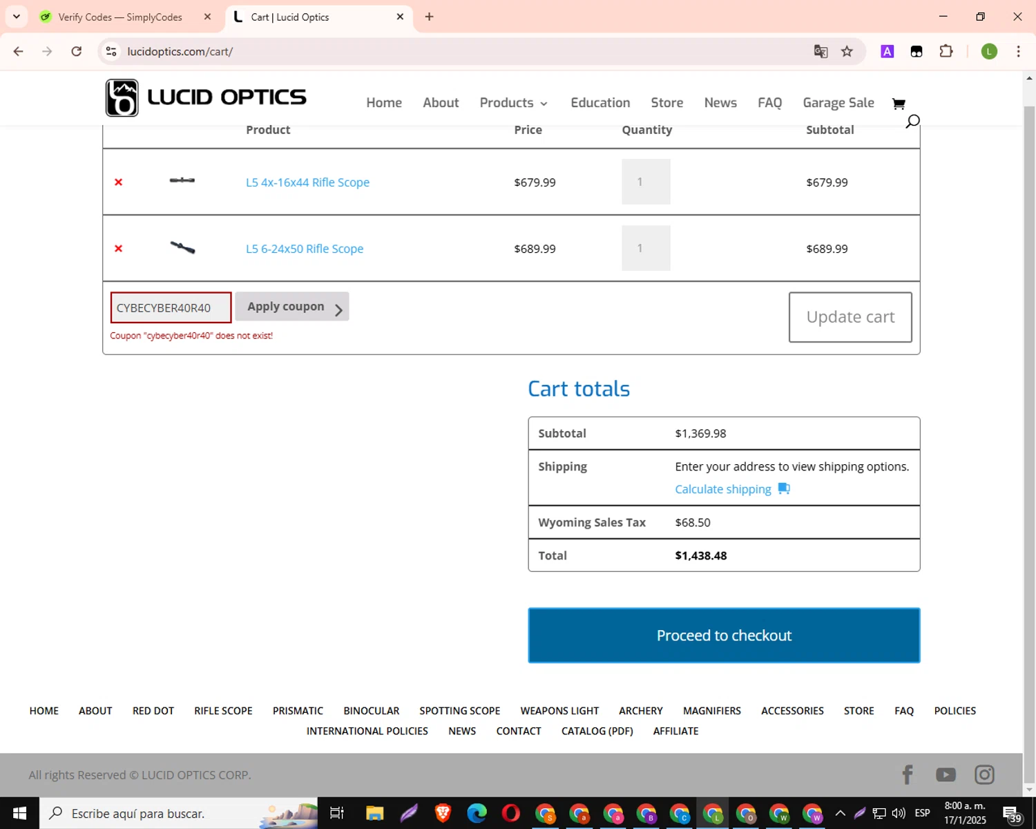 Lucid Optics promo code screenshot showing code CYBER40 applied at Lucid Optics checkout page. Uploaded by SimplyCodes community member SmartScout7874 on Jan 17, 2025