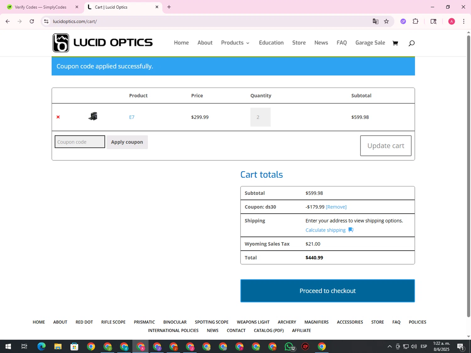 Lucid Optics promo code screenshot showing code DS30 applied at Lucid Optics checkout page. Uploaded by SimplyCodes community member CrownHawk3462 on Jun 8, 2025