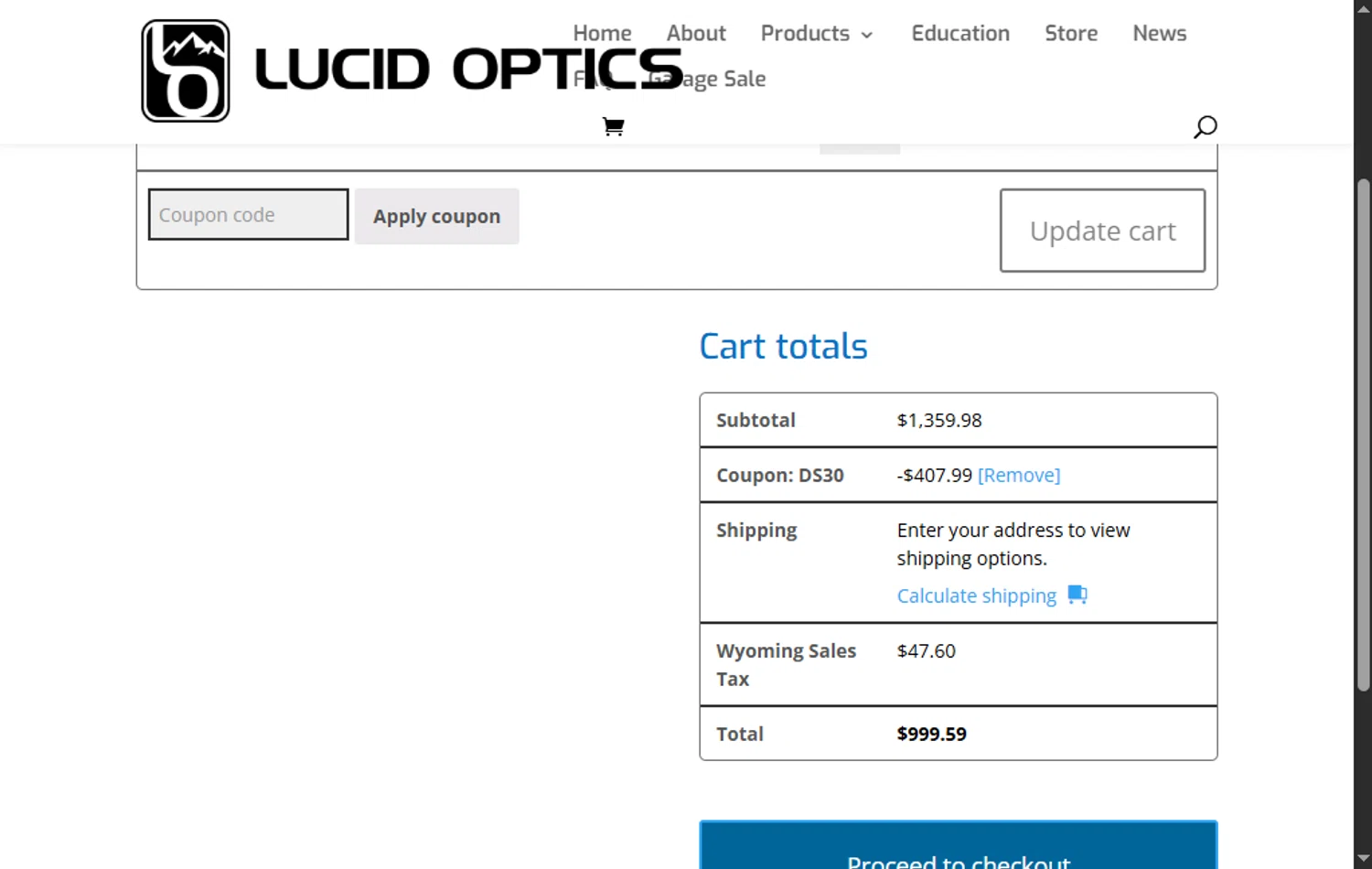 Lucid Optics promo code screenshot showing code DS30 applied at Lucid Optics checkout page. Uploaded by SimplyCodes community member GoldPhoenix3793 on Jun 15, 2025