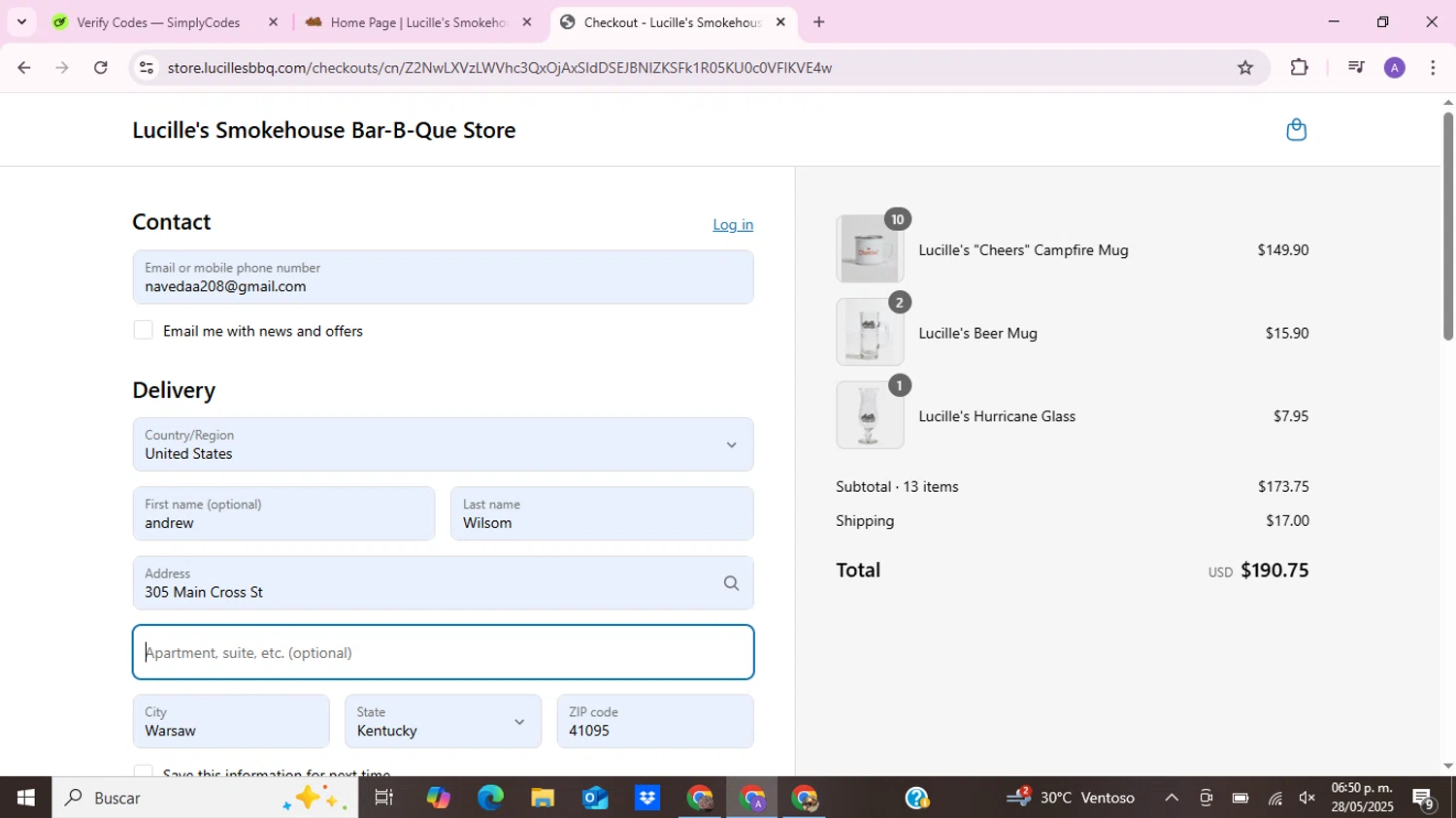 Lucille's Smokehouse BBQ checkout page showing Lucille's Smokehouse BBQ promo code box | Screenshot taken by SimplyCodes community member on May 28, 2025