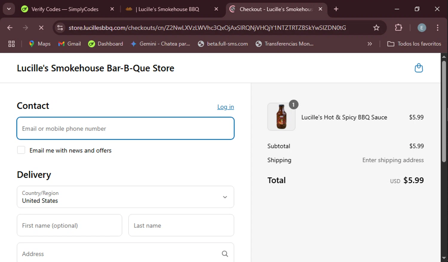 Lucille's Smokehouse BBQ checkout page showing Lucille's Smokehouse BBQ promo code box | Screenshot taken by SimplyCodes community member on May 7, 2025
