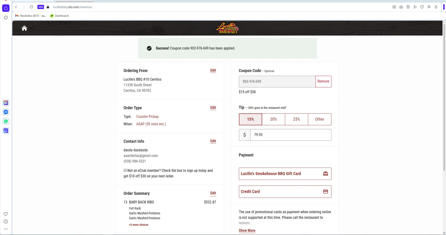 Lucille's Smokehouse BBQ checkout page showing Lucille's Smokehouse BBQ promo code box | Screenshot taken by SimplyCodes community member on Jan 29, 2026