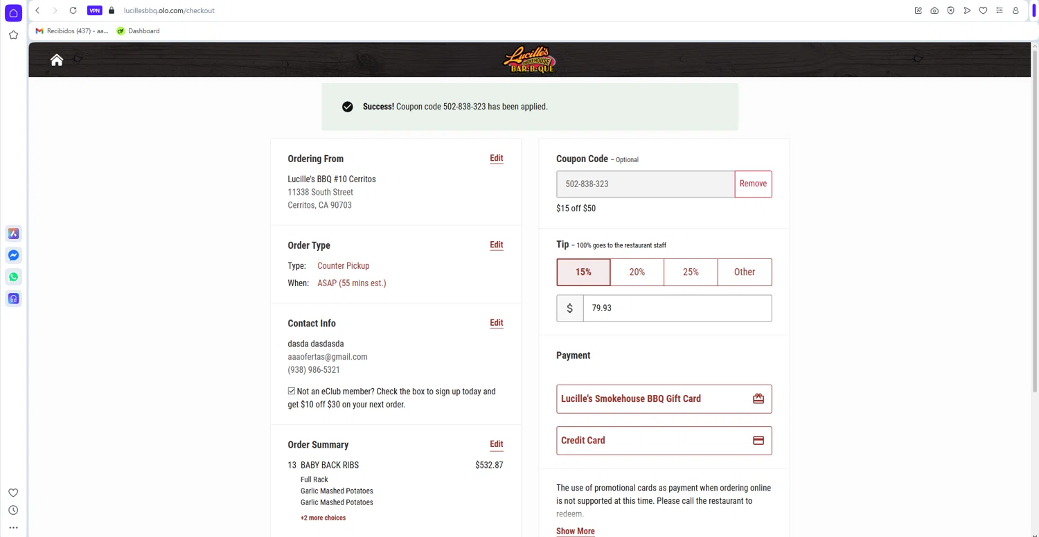 Lucille's Smokehouse BBQ checkout page showing Lucille's Smokehouse BBQ promo code box | Screenshot taken by SimplyCodes community member on Jan 29, 2026