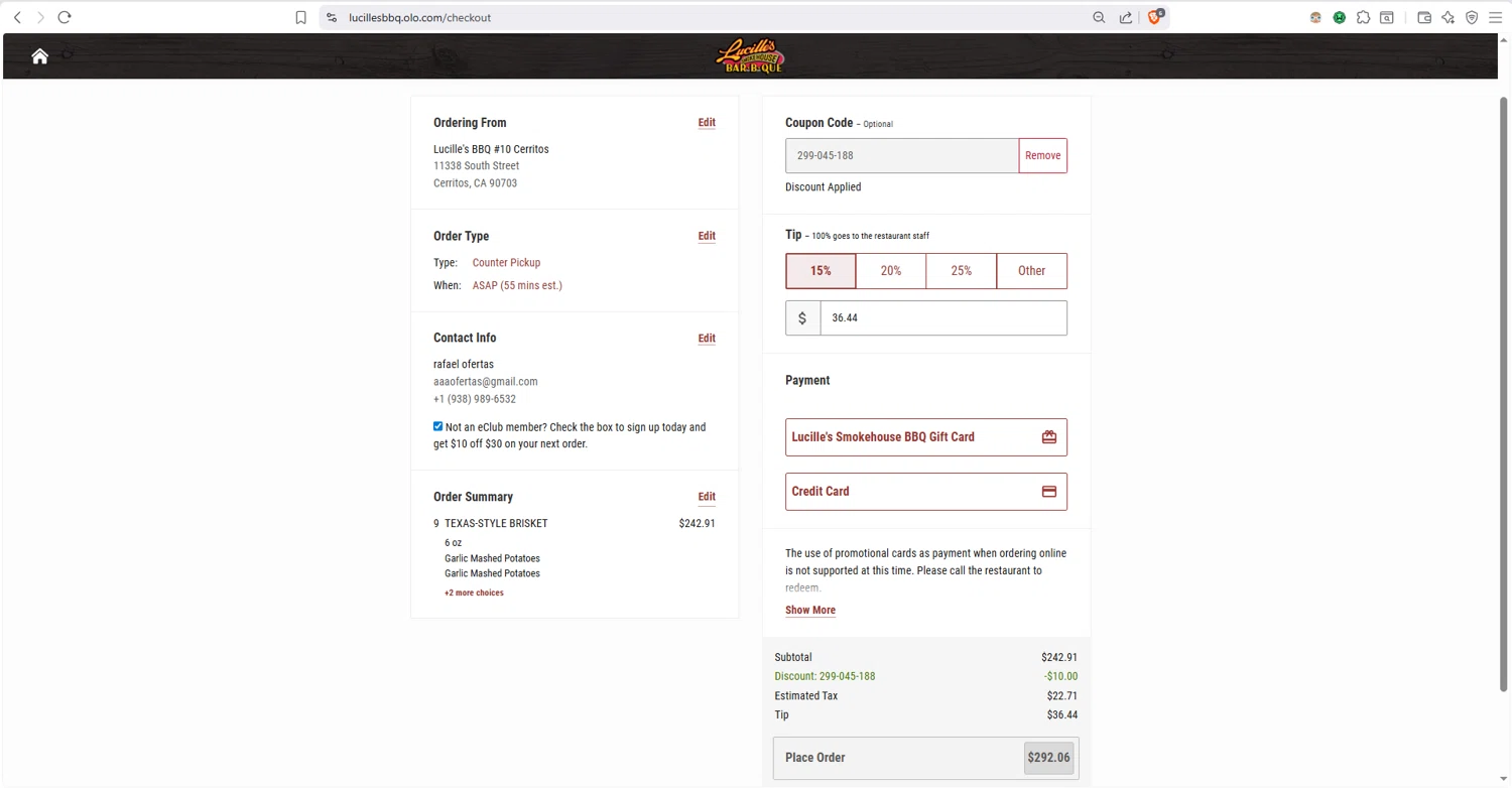 Lucille's Smokehouse BBQ checkout page showing Lucille's Smokehouse BBQ promo code box | Screenshot taken by SimplyCodes community member on Feb 1, 2026