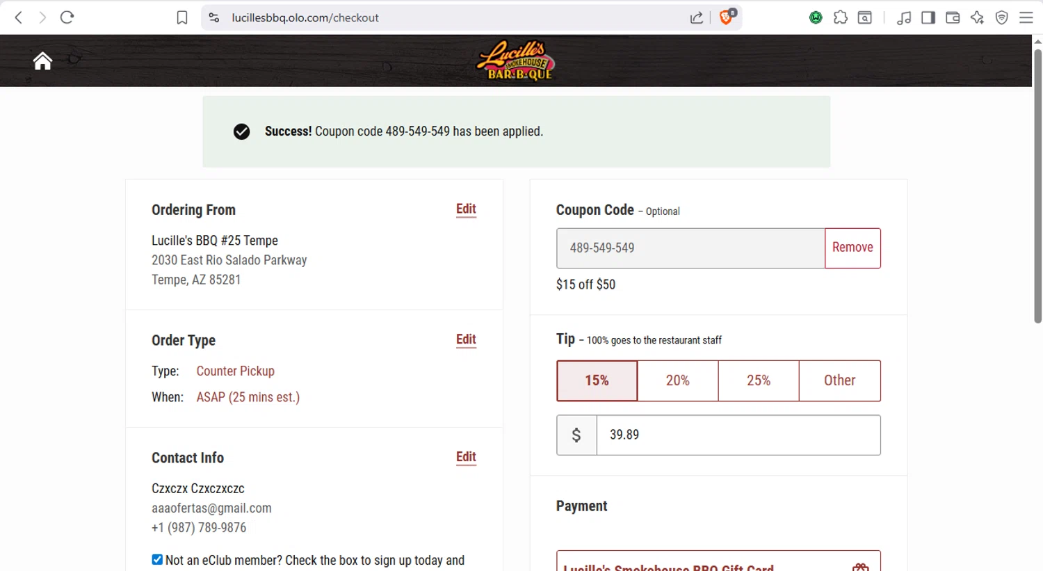 Lucille's Smokehouse BBQ checkout page showing Lucille's Smokehouse BBQ promo code box | Screenshot taken by SimplyCodes community member on Feb 2, 2026