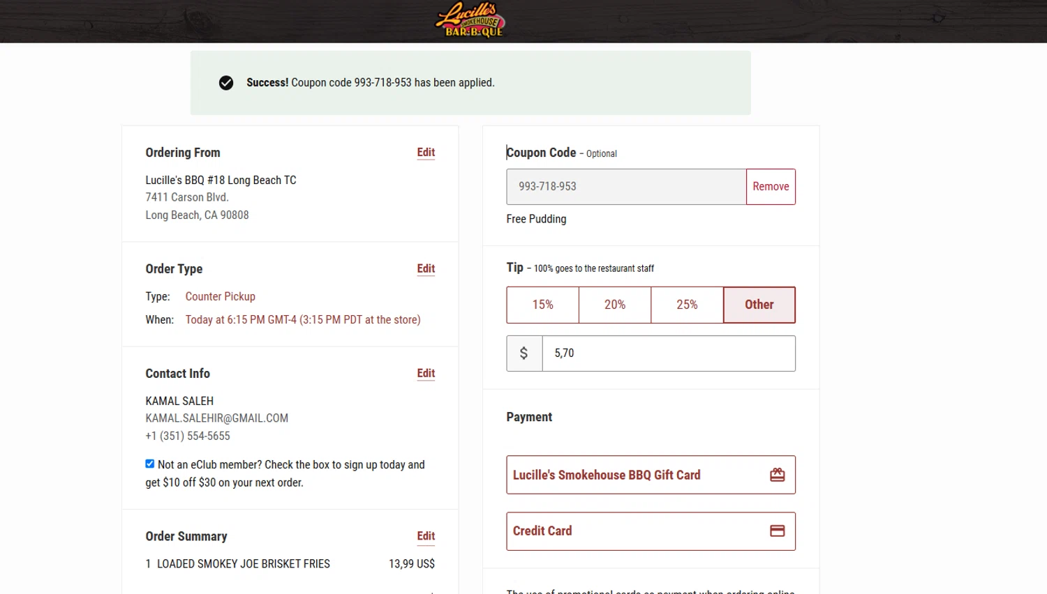 Lucille's Smokehouse BBQ promo code screenshot showing code 993-718-953 applied at Lucille's Smokehouse BBQ checkout page. Uploaded by SimplyCodes community member Aressss on May 12, 2025