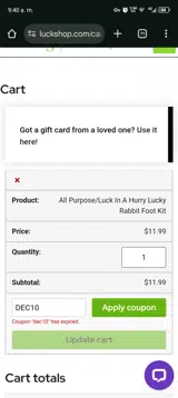 Luck Shop coupon verification screenshot