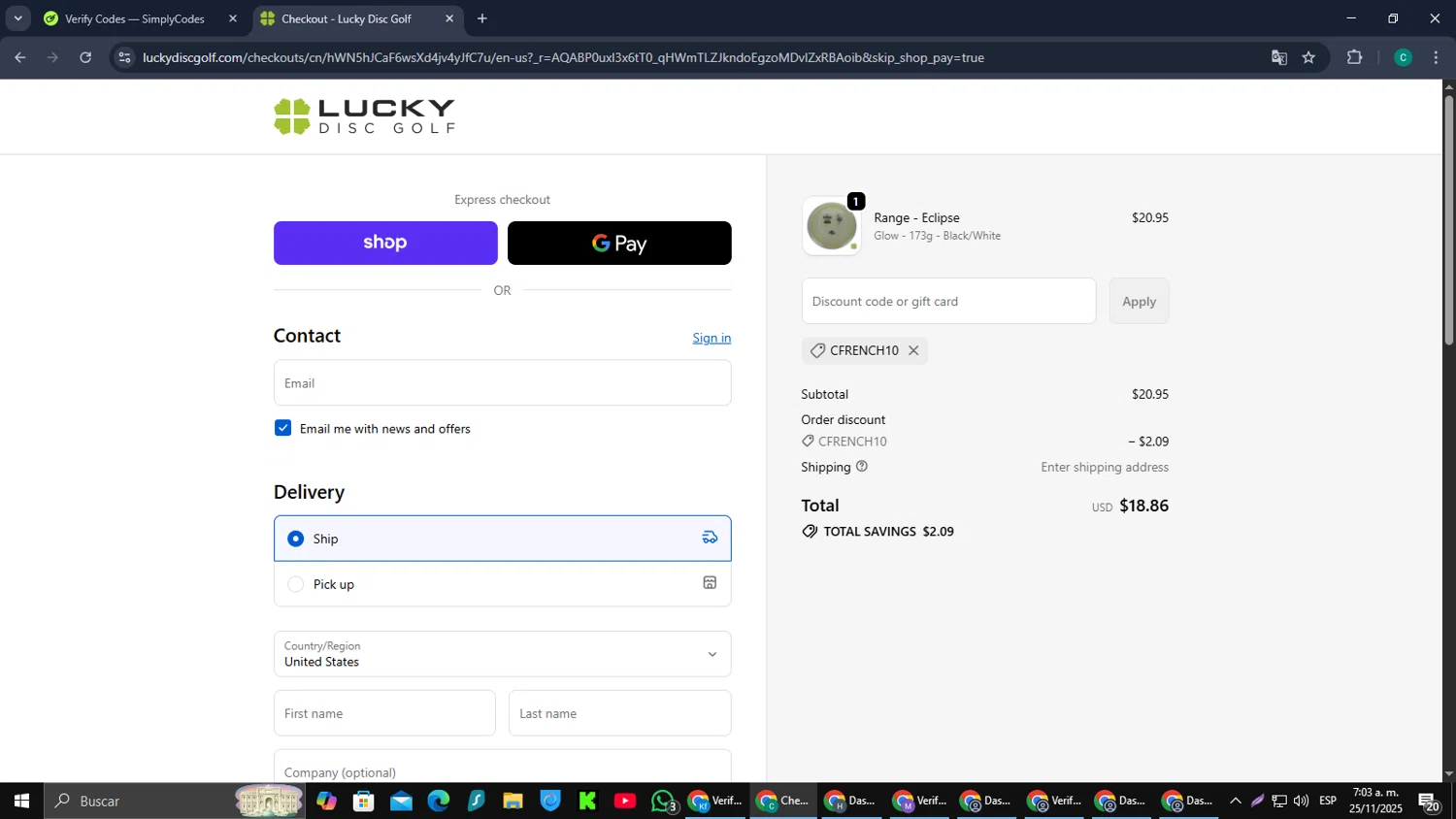 Lucky Disc Golf discount code screenshot showing code Cfrench10 applied at Lucky Disc Golf checkout page. Uploaded by SimplyCodes community member PromoScout874 on Nov 25, 2025