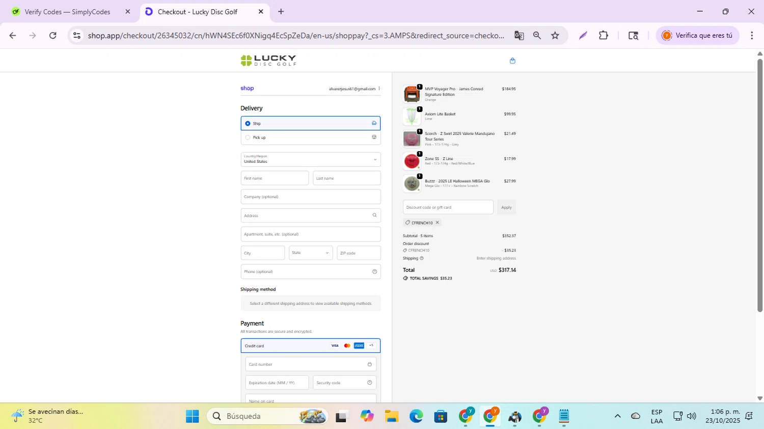 Lucky Disc Golf discount code screenshot showing code Cfrench10 applied at Lucky Disc Golf checkout page. Uploaded by SimplyCodes community member jesusalvarez1 on Oct 23, 2025