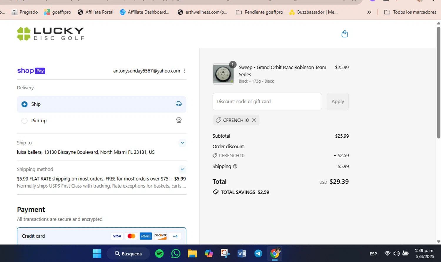Lucky Disc Golf discount code screenshot showing code Cfrench10 applied at Lucky Disc Golf checkout page. Uploaded by SimplyCodes community member luisaballera on Aug 5, 2025