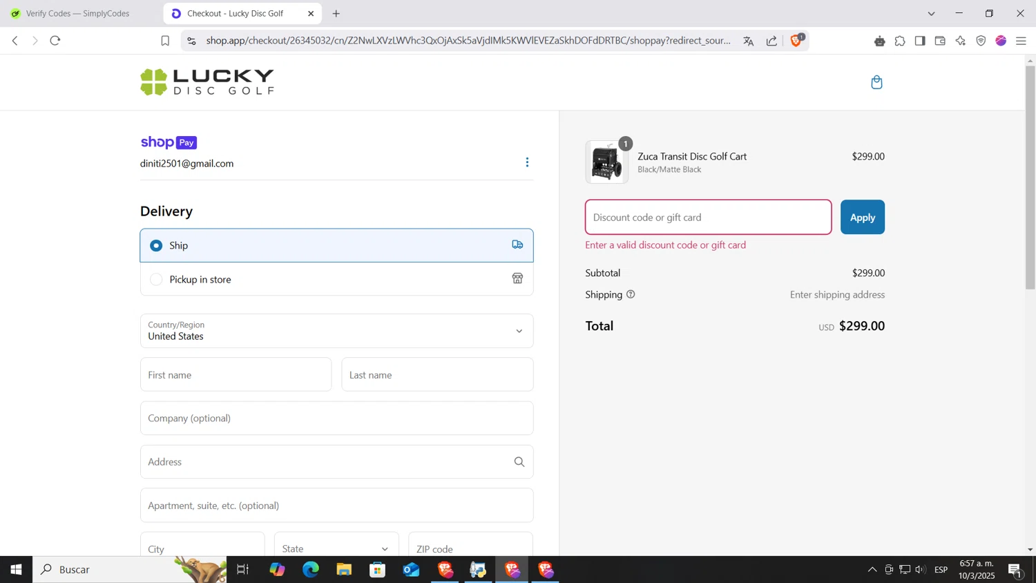 Lucky Disc Golf discount code screenshot showing code CWEST10 applied at Lucky Disc Golf checkout page. Uploaded by SimplyCodes community member AnthonyGTX on Mar 10, 2025