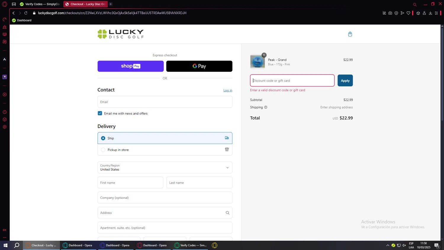 Lucky Disc Golf discount code screenshot showing code CWEST10 applied at Lucky Disc Golf checkout page. Uploaded by SimplyCodes community member MoneyMonarch9272 on Mar 10, 2025