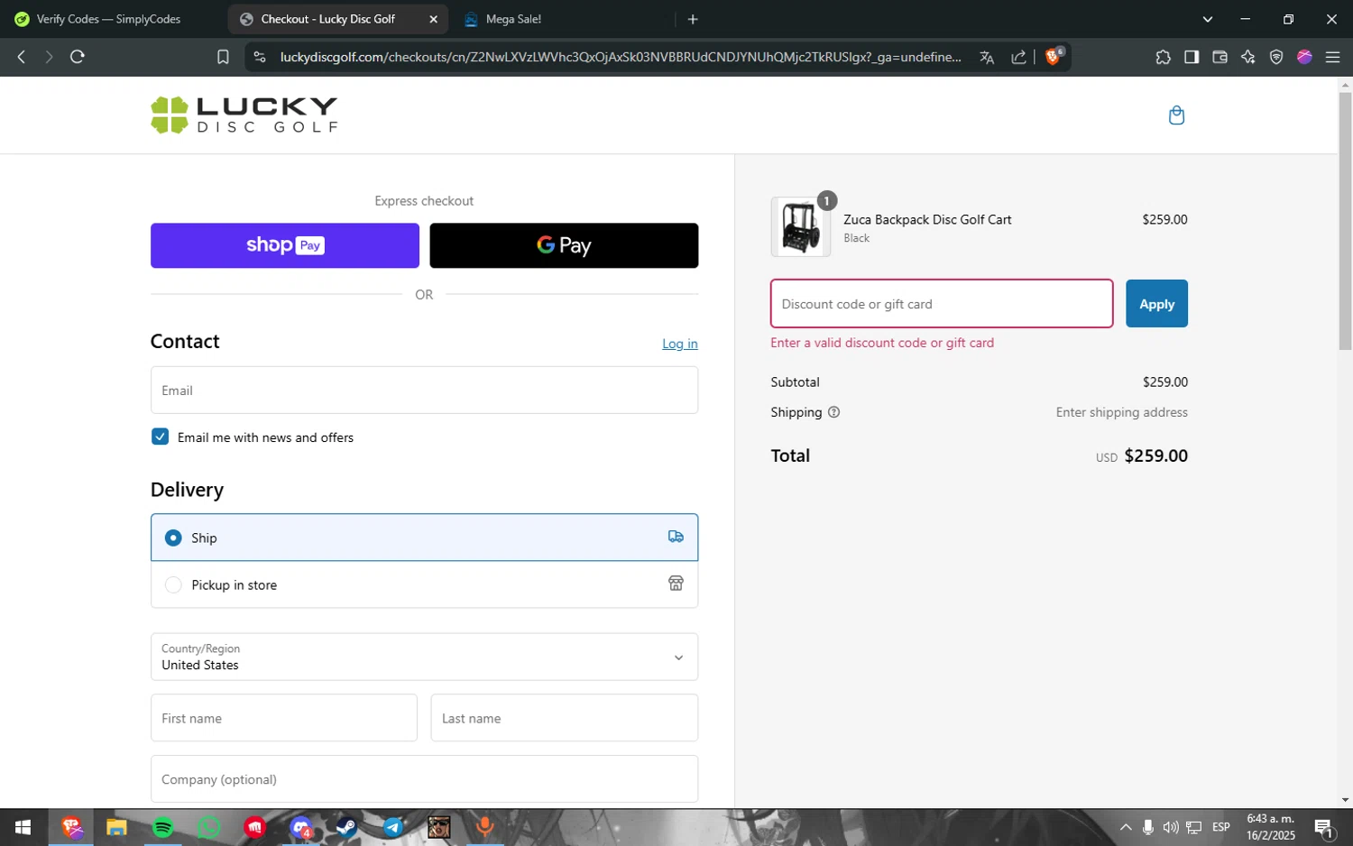 Lucky Disc Golf discount code screenshot showing code Npurves15 applied at Lucky Disc Golf checkout page. Uploaded by SimplyCodes community member Freeman on Feb 16, 2025
