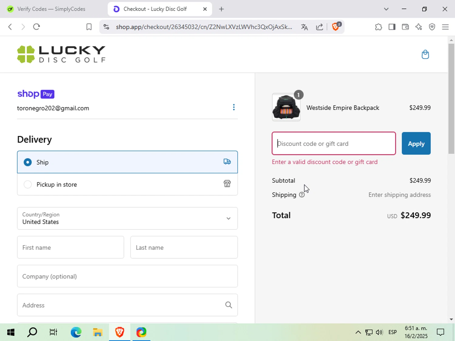 Lucky Disc Golf discount code screenshot showing code Npurves15 applied at Lucky Disc Golf checkout page. Uploaded by SimplyCodes community member Toro_negro on Feb 16, 2025