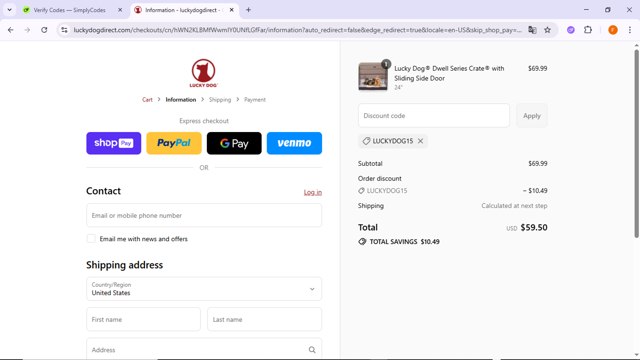 Lucky Dog checkout page showing Lucky Dog discount code box | Screenshot taken by SimplyCodes community member on Aug 28, 2025