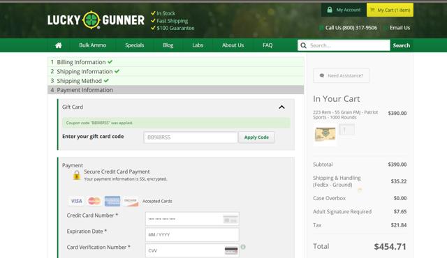 Lucky Gunner checkout page showing Lucky Gunner promo code box | Screenshot taken by SimplyCodes community member on Jul 23, 2025