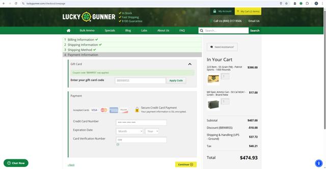 Lucky Gunner checkout page showing Lucky Gunner promo code box | Screenshot taken by SimplyCodes community member on Aug 8, 2025