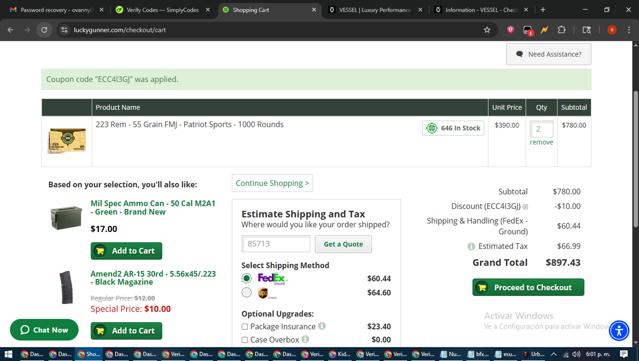 Lucky Gunner checkout page showing Lucky Gunner promo code box | Screenshot taken by SimplyCodes community member on Aug 8, 2025
