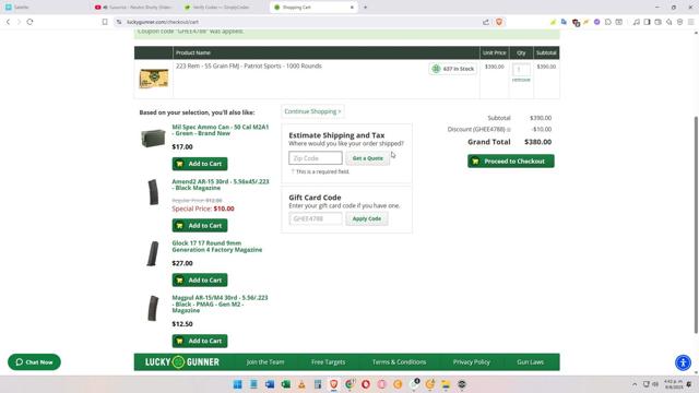 Lucky Gunner checkout page showing Lucky Gunner promo code box | Screenshot taken by SimplyCodes community member on Aug 9, 2025