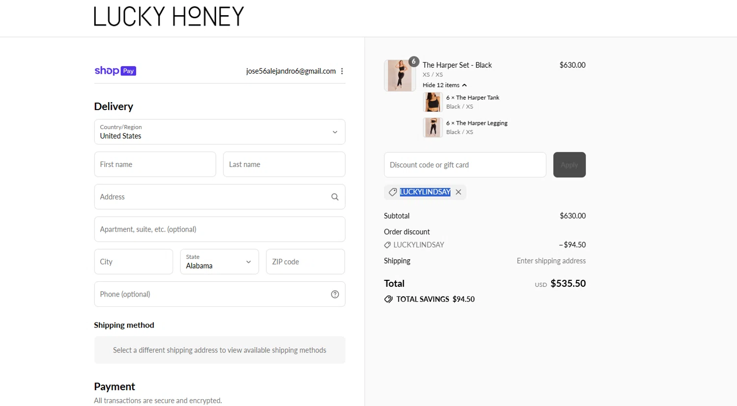LUCKY HONEY discount code screenshot showing code LUCKYLINDSAY applied at LUCKY HONEY checkout page. Uploaded by SimplyCodes community member Culebraparada on Jul 27, 2025