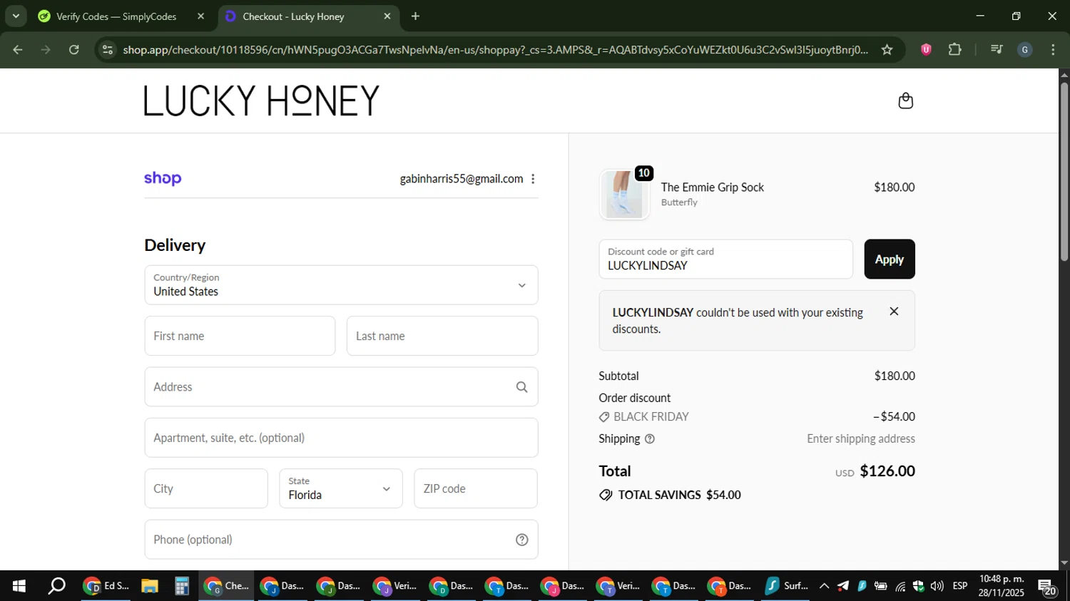 LUCKY HONEY discount code screenshot showing code LUCKYLINDSAY applied at LUCKY HONEY checkout page. Uploaded by SimplyCodes community member gabinharris55 on Nov 29, 2025