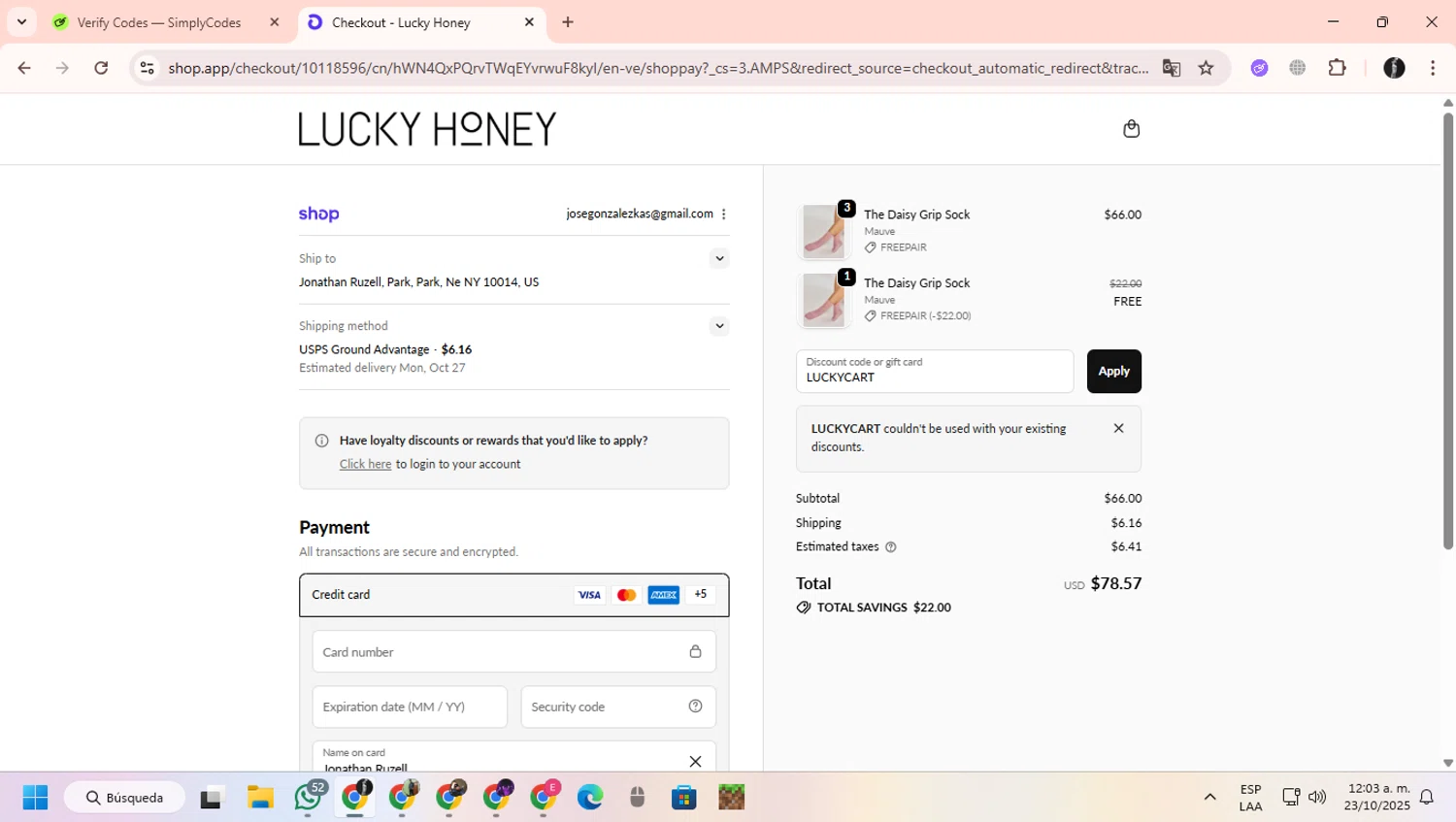 LUCKY HONEY discount code screenshot showing code LUCKYCART applied at LUCKY HONEY checkout page. Uploaded by SimplyCodes community member ChinoYugiXD on Oct 23, 2025