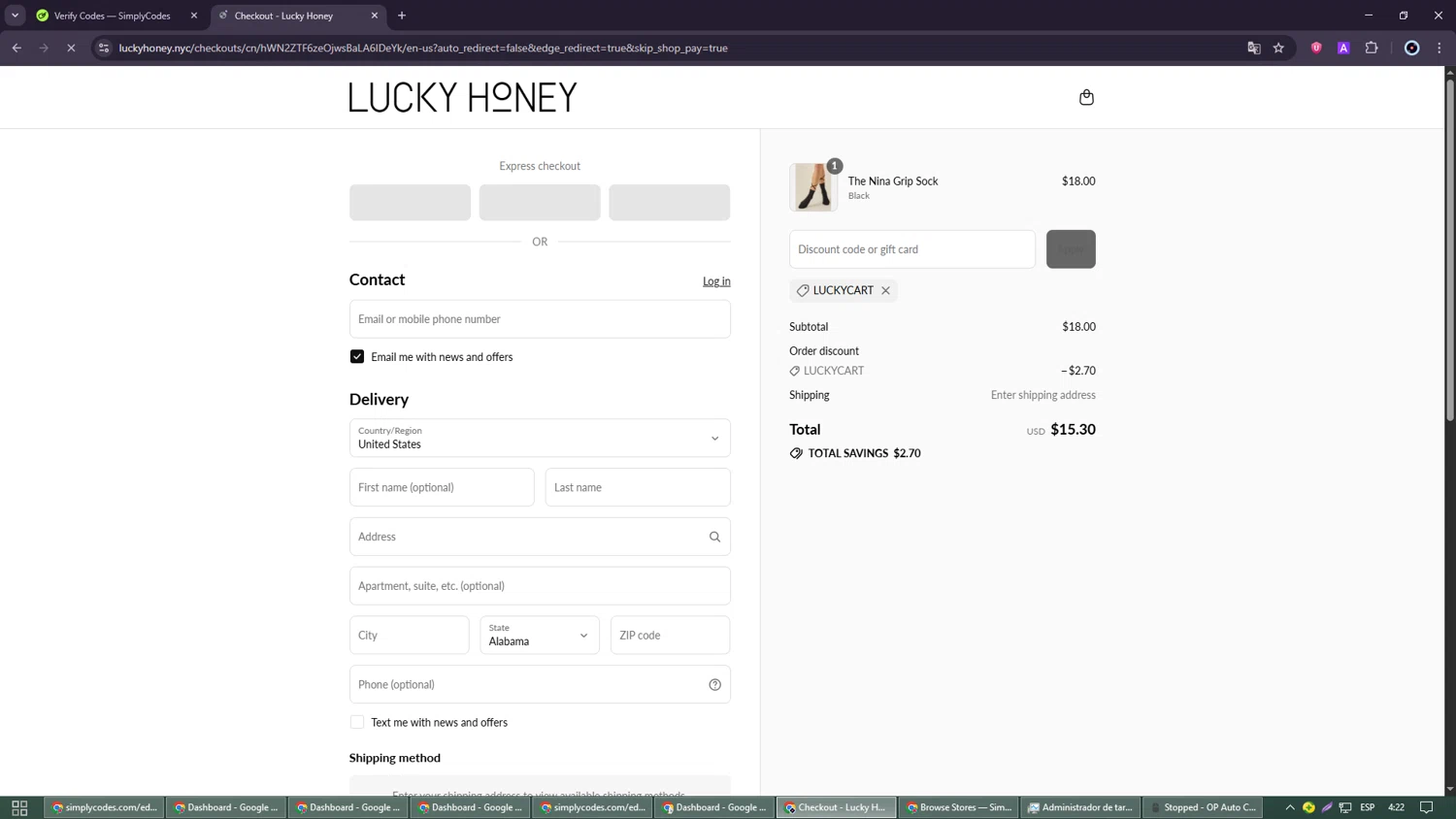 LUCKY HONEY discount code screenshot showing code LUCKYCART applied at LUCKY HONEY checkout page. Uploaded by SimplyCodes community member GoldRanger7074 on Sep 4, 2025