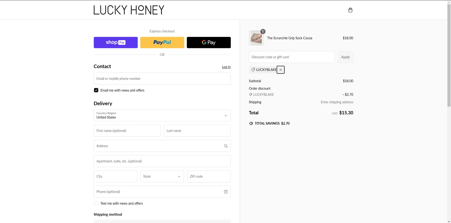 LUCKY HONEY discount code screenshot showing code Luckyblake applied at LUCKY HONEY checkout page. Uploaded by SimplyCodes community member EpicTitan8654 on Feb 26, 2025